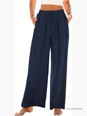 Linen High Waisted Wide Leg Palazzo Trousers Pull On Drawstring Casual Resort